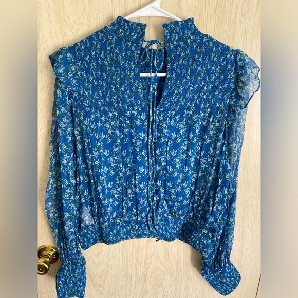 FREE PEOPLE ROMA FLORAL-PRINTED Blue BLOUSE TOP Sz Medium - Picture 7 of 14